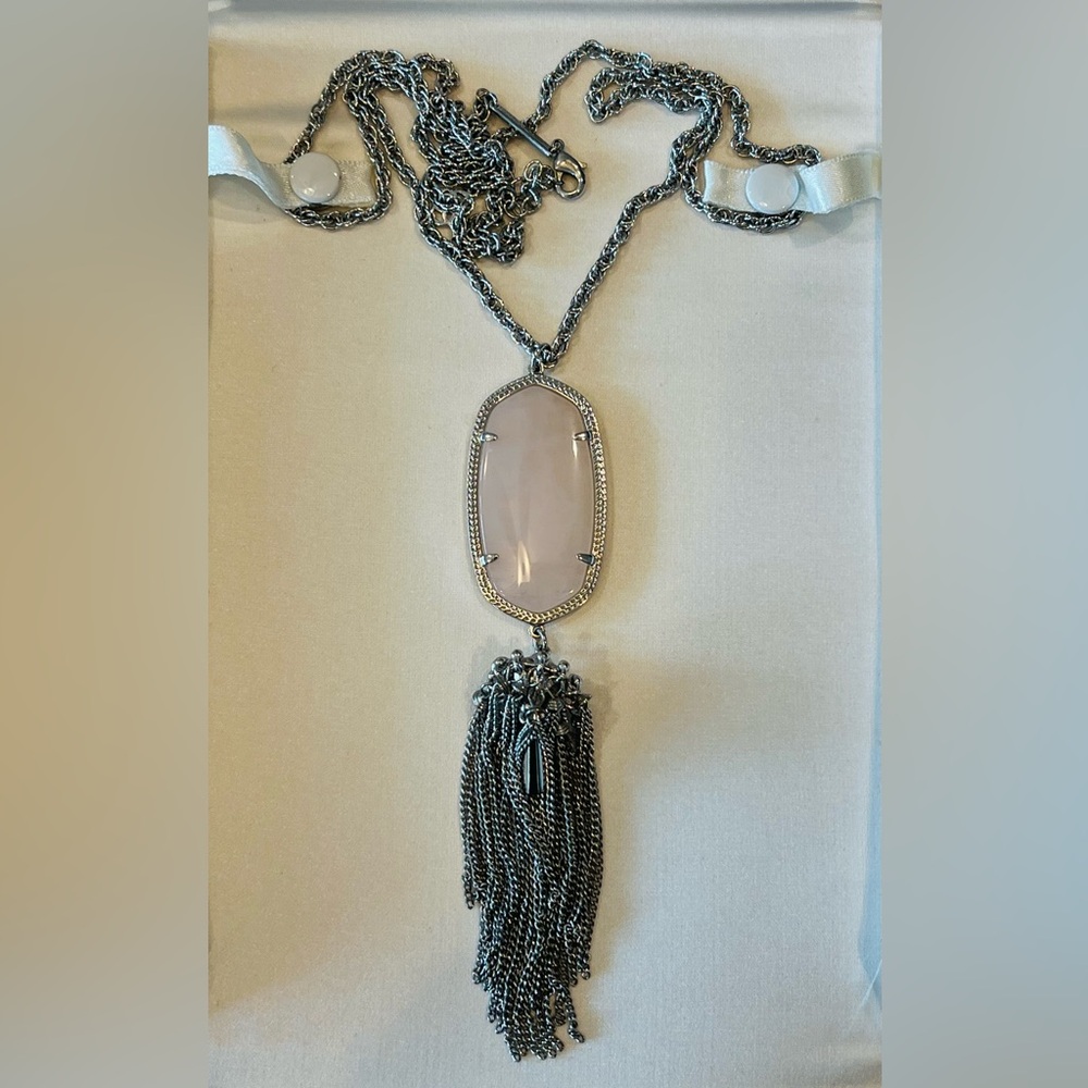 Kendra Scott Rose Quartz Silver “Rayne” Long Pendant Necklace